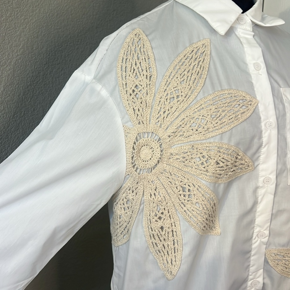 White Long Sleeve Button-Up Shirt with Crochet Embroidery Maija by SHEIN Size XS - Picture 4 of 10